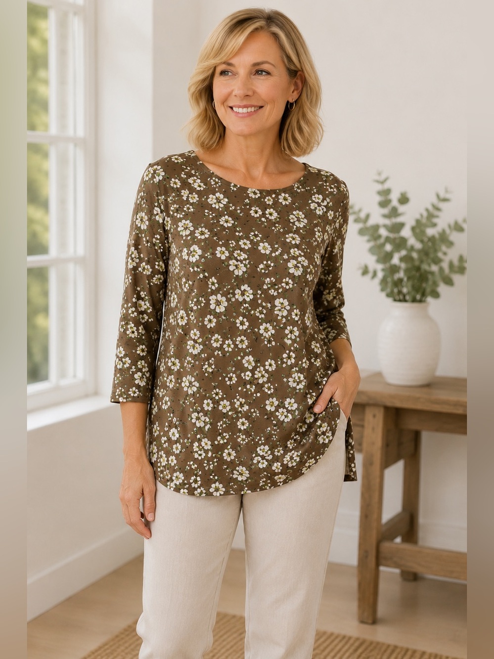 J.Jill Luxe Supima XL Brown Floral Tunic Soft Stretch Top